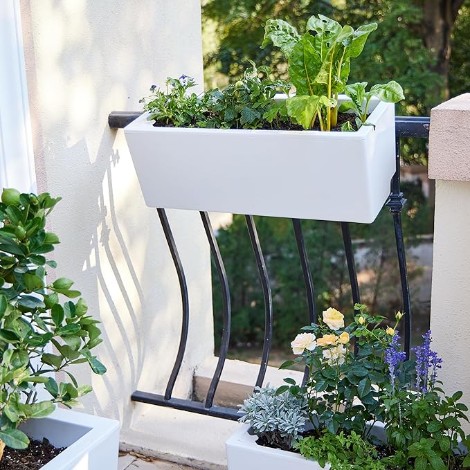 Glowpear Self Watering Railing Planter Box - 23.6", White - UV Stable, Scalable Plant Pot with Water Gauge, Indoor Outdoor for Vegetables, Flowers, Herbs, and Succulents-HomvellaHome