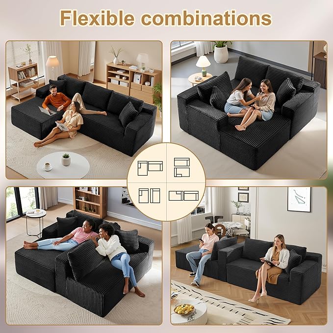 108" Sectional Couches for Living Room Modern Modular Sofa with L-Shape Couchs Upholstered Boneless Couch Deep Seat Sectional Couch with Chaise (Black, Left Facing Chaise+2Seaters)-HomvellaHome
