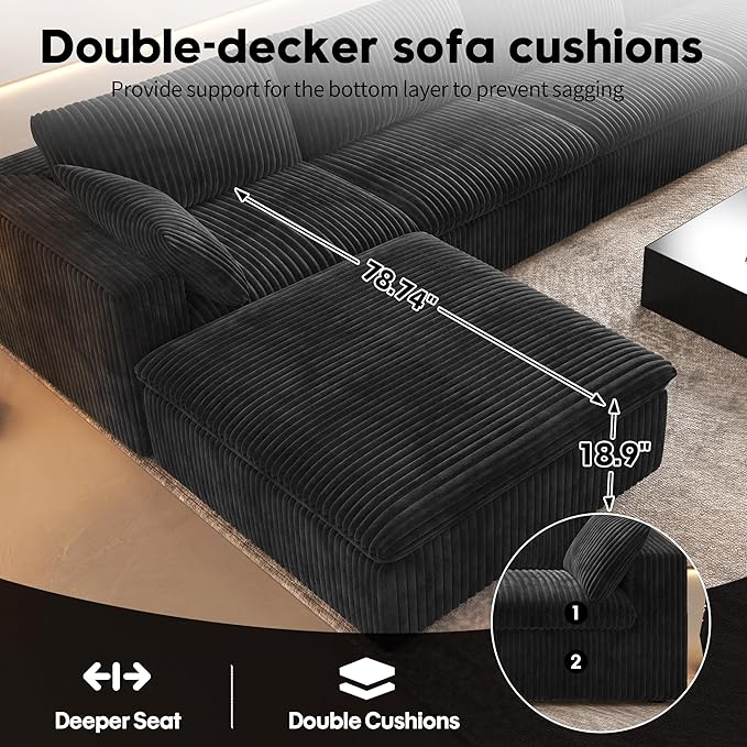 157.5" U Shaped Modern Sofa Modular Sectional Cloud Couch with 2 Ottoman,Deep Seat Upholstered Couches with Corduroy Fabric for Living Room Furniture,Bedroom and Apartment,No Assembly Required,Black-HomvellaHome