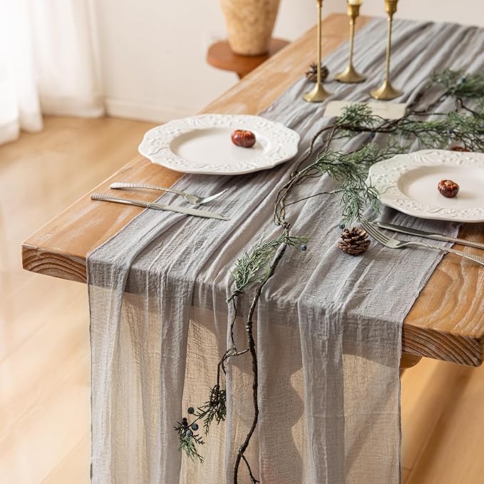 Grey Gauze Rustic Cheesecloth Table Runner 120 Inch 10 FT for Wedding Baby Shower Bridal Shower Birthday Engagement Garden Outdoor Party Long Sheer Boho Decorations-HomvellaHome