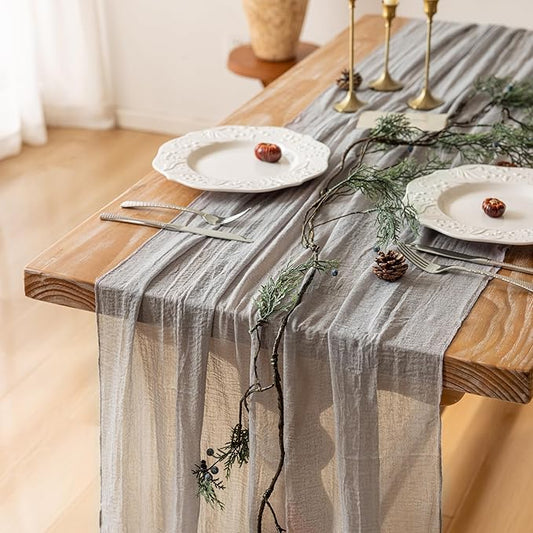 Grey Gauze Rustic Cheesecloth Table Runner 120 Inch 10 FT for Wedding Baby Shower Bridal Shower Birthday Engagement Garden Outdoor Party Long Sheer Boho Decorations-HomvellaHome