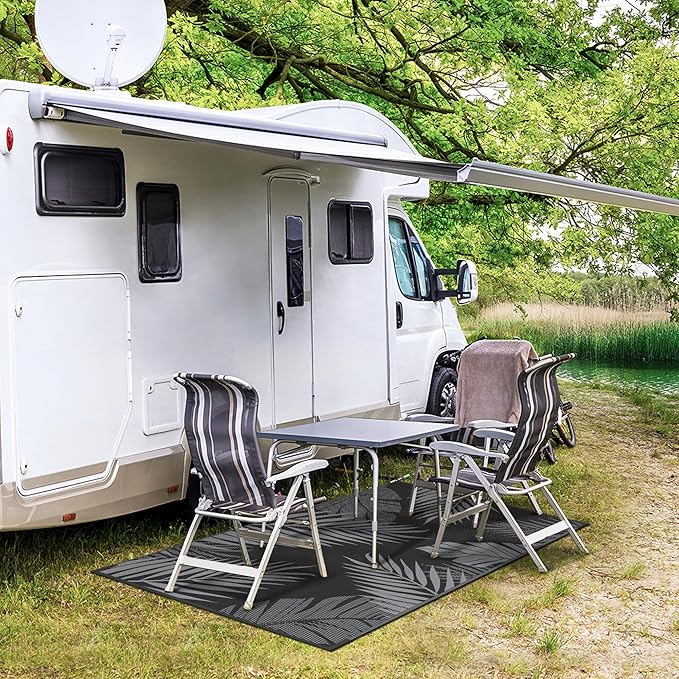 GENIMO Outdoor Rug 3' x 5' Waterproof for Patios Clearance, Reversible Outdoor Plastic Straw Camping Rug Carpet, Large Area Rugs Mats for RV, Camper, Deck, Balcony, Porch, Beach, Picnic, Black&Grey-HomvellaHome