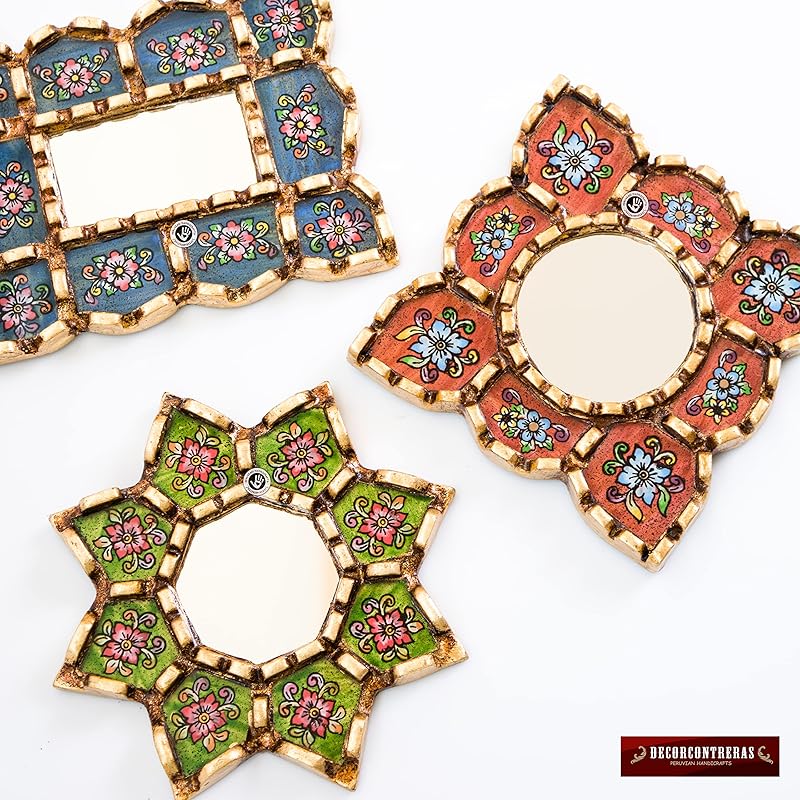 Small Decorative Wall Mirror set of 3 - Accent mirrors of 6in for wall decor, Peruvian Mirrors Vanity with bronze leaf-HomvellaHome