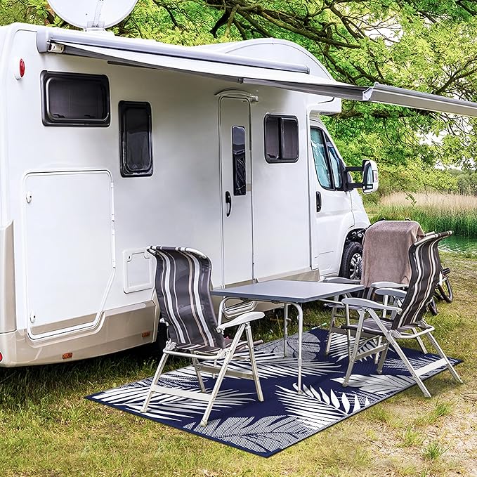GENIMO Outdoor Rug 3' x 5' Waterproof for Patios Clearance, Reversible Outdoor Plastic Straw Camping Rug Carpet, Large Area Rugs Mats for RV, Camper, Deck, Balcony, Porch, Beach, Navy Blue&White-HomvellaHome