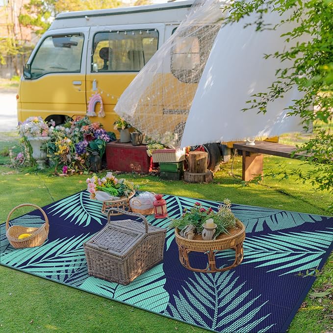 GENIMO Outdoor Rug 5' x 8' Waterproof for Patios Clearance, Reversible Outdoor Plastic Straw Camping Rug Carpet, Large Area Rugs Mats for RV, Camper, Deck, Balcony, Porch, Beach, Navy Blue&Jade Green-HomvellaHome