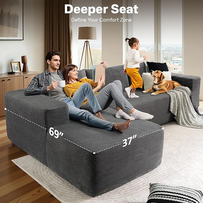 104" Cloud Sectional Couches for Living Room,L Shaped Boneless Couch in A Box,Sleeper Sofa with Comfy Chaise No Assembly Required,Grey-HomvellaHome