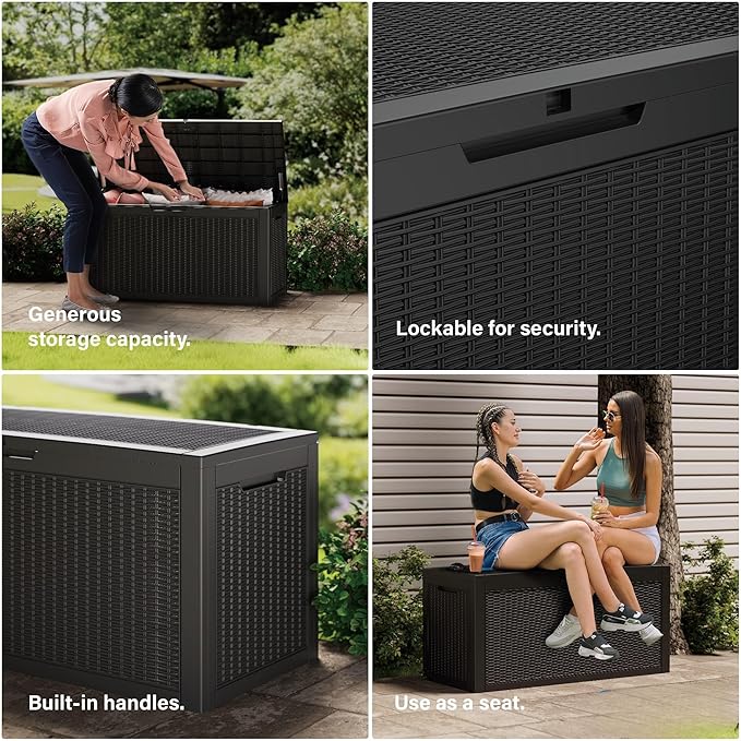 100 Gallon Outdoor Storage Box Waterproof Lockable Resin Deck Box Large, Patio Storage Bin for Pool Accessories Cushion Furniture, Garden Tools, UV-Resistant Outside Delivery Black-HomvellaHome