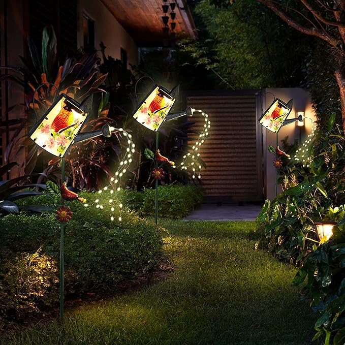 Garden Solar Lights Outdoor, Metal Watering Can Garden Stake Lights Cardinal Bird Decor Glass Art for Walkway, Pathway, Yard, Lawn-HomvellaHome