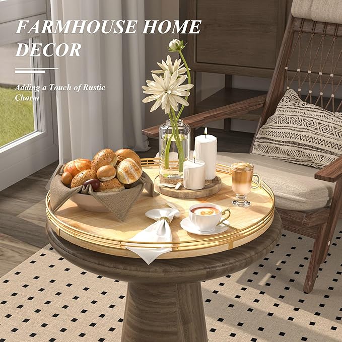 18 Inch Rustic Lazy Susan Turntable – Solid Oak & Iron Wood Rotating Tray for Dining Table, Kitchen Counter, Coffee Table – Farmhouse Style Large Wooden Lazy Susan Organizer for Home Décor-HomvellaHome