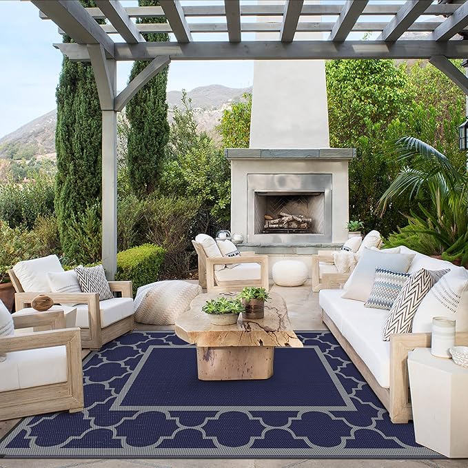 GENIMO 4 ' x 6 ' Outdoor Rug for Patio Clearance, Waterproof Indoor Outdoor Plastic Straw Rugs Carpet, Reversible Outside Area Rv Mat for Camping, Balcony Porch, Deck, Picnic, Beach (Blue & Gray)-HomvellaHome