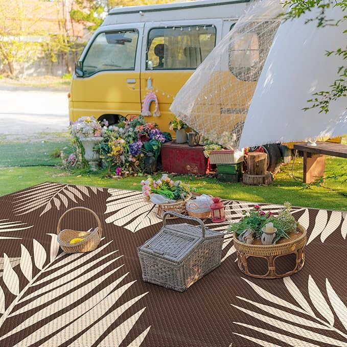 GENIMO Outdoor Rug 10' x 14' Waterproof for Patios Clearance, Reversible Outdoor Plastic Straw Camping Rug Carpet, Large Area Rugs Mats for RV, Camper, Deck, Balcony, Porch, Beach, Coffee&Beige-HomvellaHome