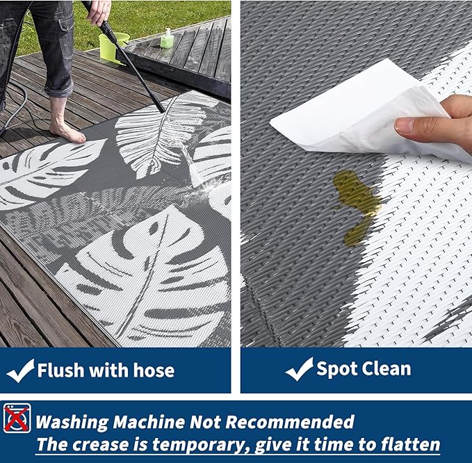 GAOMON Waterproof Outdoor Rug 8x10 Reversible Outdoor Plastic Straw Rug Modern Patio Carpet, Foldable Lightweight RV Camping Mat with Portable Bag & 4 Stakes, UV Resistant & Sturdy for Picnic, Grey-HomvellaHome