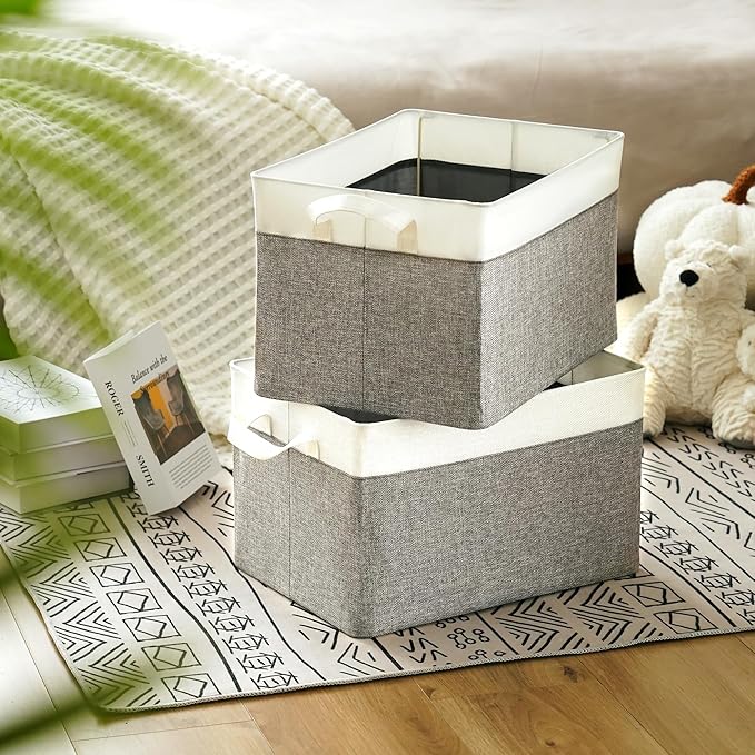 GRANNY SAYS Storage Baskets for Shelves, Closet Organizer Bins, Clothes Storage Bins with Metal Frame, Extra Large Baskets for Organizing and Storage, Collapsible, Gray&White, 2-Pack-HomvellaHome