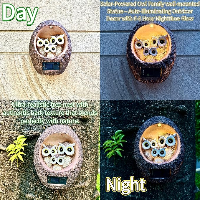 Garden Owl Family Tree Hugger Statue Solar Powered Outdoor Wall Mounted Figurine Light Resin Sculpture Home Decoration Housewarming Ornament Unique Gift-HomvellaHome