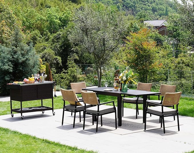 Grand patio Outdoor Wicker Bar Cart, Outdoor Bar Table with Stainless Steel Tabletop, Patio Kitchen Island Grill Cart with Storage Cabinet and 4 Hooks-HomvellaHome