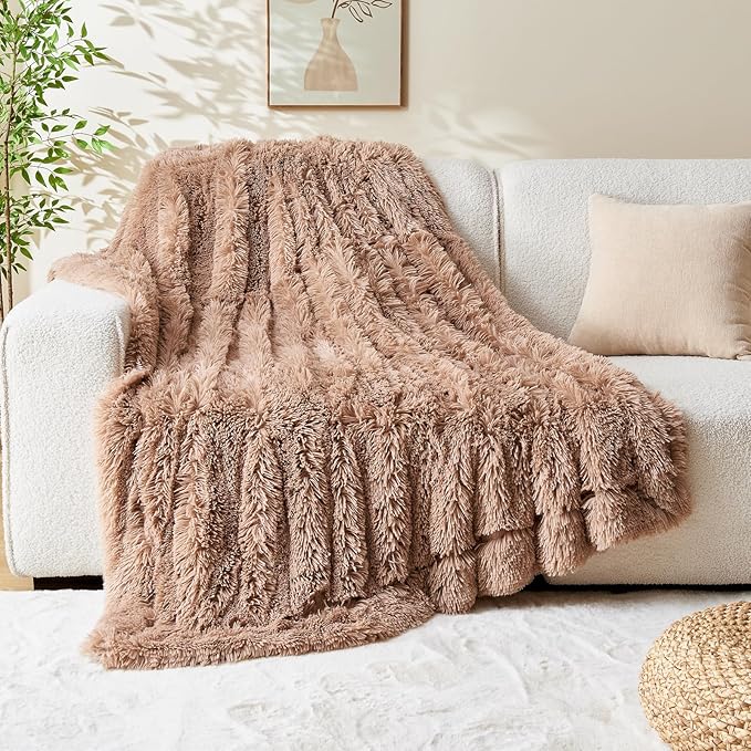GONAAP Fuzzy Faux Fur Throw Blanket Twin Size Taupe Super Soft Cozy Plush Fuzzy Shaggy Blanket for Couch Sofa Bed (Taupe, Twin(60"x80"))-HomvellaHome