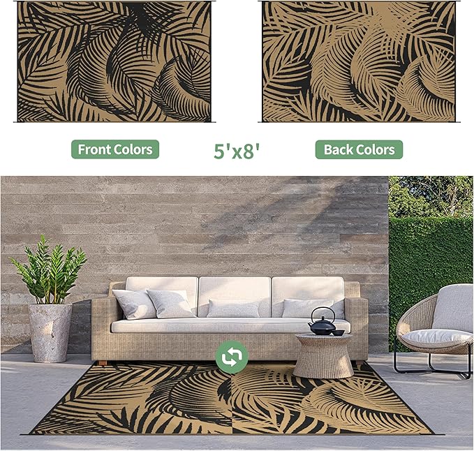 GENIMO Outdoor Rug 5' x 8' Waterproof for Patio Clearance, Reversible Plastic Straw Camping Carpet, Lightweight Mats for Rv, Backyard, Deck, Porch, Picnic, Beach, Balcony, Black & Brown-HomvellaHome
