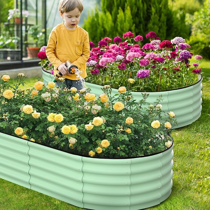 2 Pcs 6x3x1.5ft Oval Raised Garden Bed, Galvanized Raised Beds,Open-Ended Base Metal Raised Planter Beds,Garden Bed Outdoor,Planter Raised Boxes for Vegetables, Flowers,Tool-Free Asse,Green-HomvellaHome