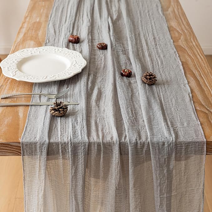 Grey Gauze Rustic Cheesecloth Table Runner 120 Inch 10 FT for Wedding Baby Shower Bridal Shower Birthday Engagement Garden Outdoor Party Long Sheer Boho Decorations-HomvellaHome