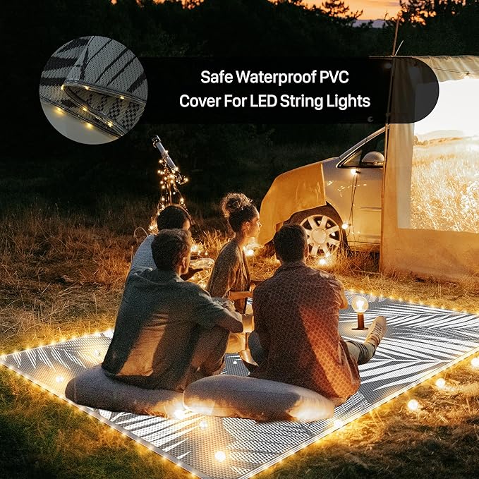 GENIMO Outdoor Rug 9' x 12' Waterproof for Patios Clearance, Reversible Outdoor Plastic Straw Camping Rug Carpet with LED String Light, Area Rugs Mats for RV, Camper, Deck, Balcony, Porch, Grey&White-HomvellaHome