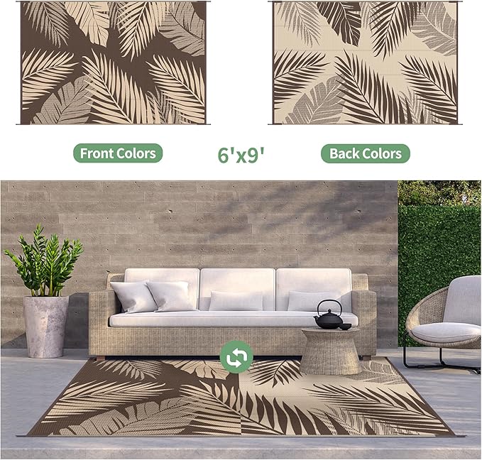 GENIMO Outdoor Rug 6' x 9' Waterproof for Patios Clearance, Reversible Outdoor Plastic Straw Camping Rug Carpet, Large Area Rugs Mats for RV, Camper, Deck, Balcony, Porch, Beach, Picnic, Coffee&Beige-HomvellaHome