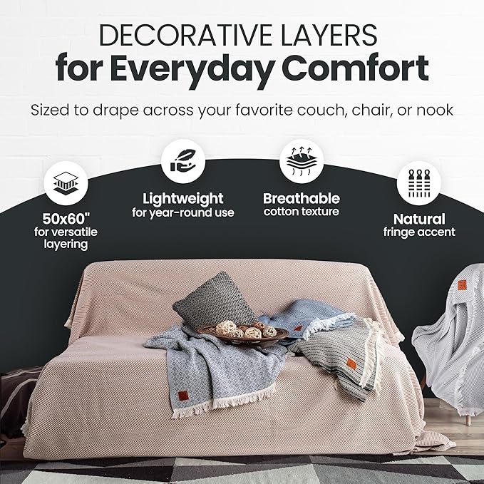 Gold Case Throw Blanket for Couch – 100% Recycled Turkish Cotton Blankets & Throws – Elegant Decorative Throw Blankets for Living Room Sofa – Woven Throws for Couch – Retro Beige – 50x60-HomvellaHome