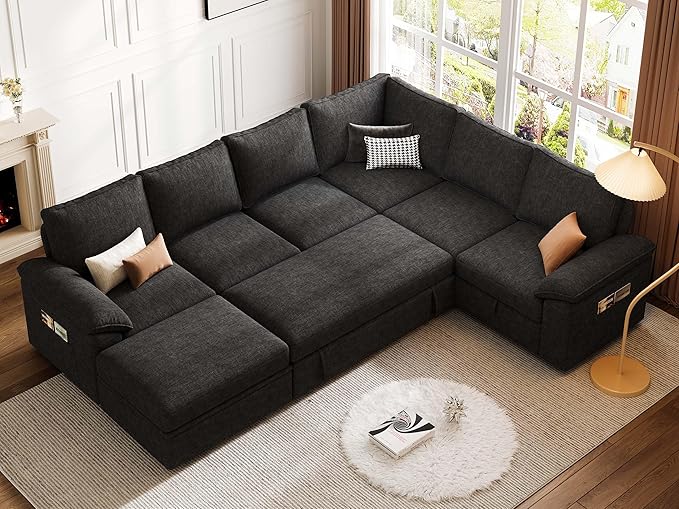108 Inch Modular Sectional Sofa with Pull Out Bed,U Shaped 7 Seat Sectional Sleeper Sofa with Storage,Sectional Couches for Living Room,Cloud Modular Couch,Removable Sofa Cover,Black-HomvellaHome