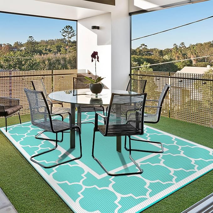 GENIMO 6' x 9' Outdoor Rug Waterproof for Patio Decor, Reversible Plastic Straw Area Mats Carpet for Camper Clearance, Outside Carpet for Rv, Deck, Porch, Beach, Balcony, Aqua Blue & White-HomvellaHome