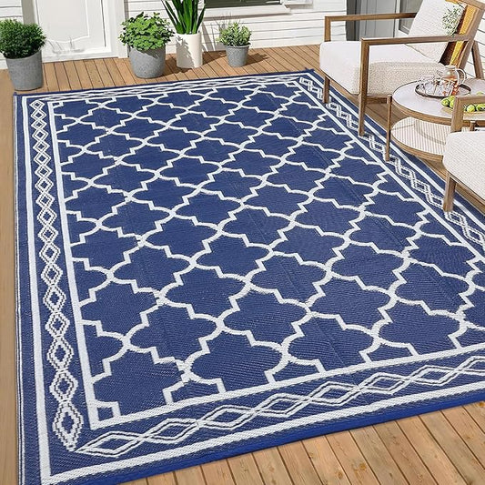 GAOMON Outdoor Rug for Patio 5'x8' Reversible Plastic Rugs Camping Mat for Outdoor, RV, Backyard, Deck, Balcony, Picnic, Beach, Navy/White(Geometric)-HomvellaHome