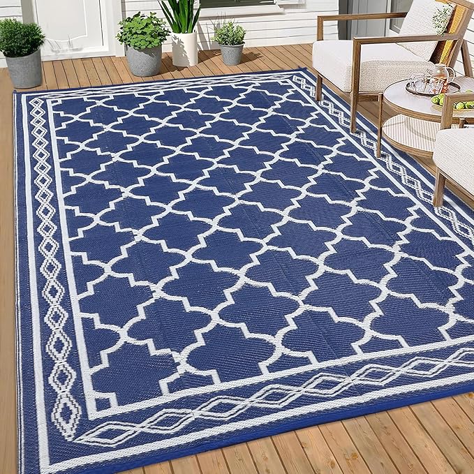 GAOMON Outdoor Rug 9'x12' Waterproof Rug for Patio Decor, Foldable Reversible Plastic Straw Area Rugs Mat for Camper, Outside Carpet for Deck, Porch, Picnic, Beach, Navy/White(Geometric)-HomvellaHome