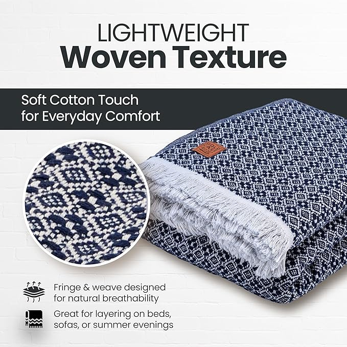 Gold Case Throw Blanket for Bed – 100% Recycled Turkish Cotton Bed Blanket – Decorative Throw Cotton Blankets for Living Room & Bedroom – Retro Navy Blue Woven Queen Blankets – 90x90-HomvellaHome