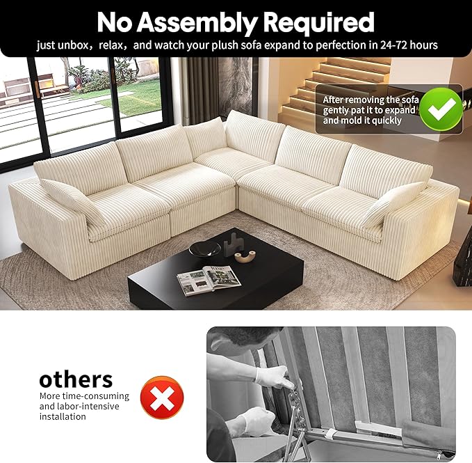 118" V Shaped Corner Modern Sofa Modular Sectional Cloud Couch,Deep Seat Upholstered Couches with Plush Corduroy Fabric for Living Room Furniture,Bedroom and Apartment,No Assembly Required,White-HomvellaHome