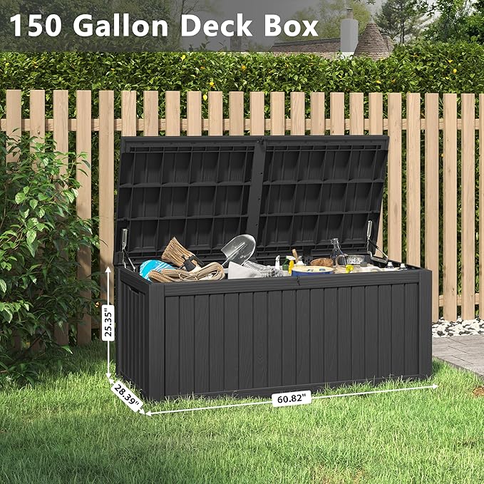 150 Gallon Resin Deck Box, Large Indoor and Outdoor Storage Box, Weatherproof and UV Resistant Outdoor Storage Box with Built-in Steel Beams for Patio, Cushions, Pool Supplies-HomvellaHome