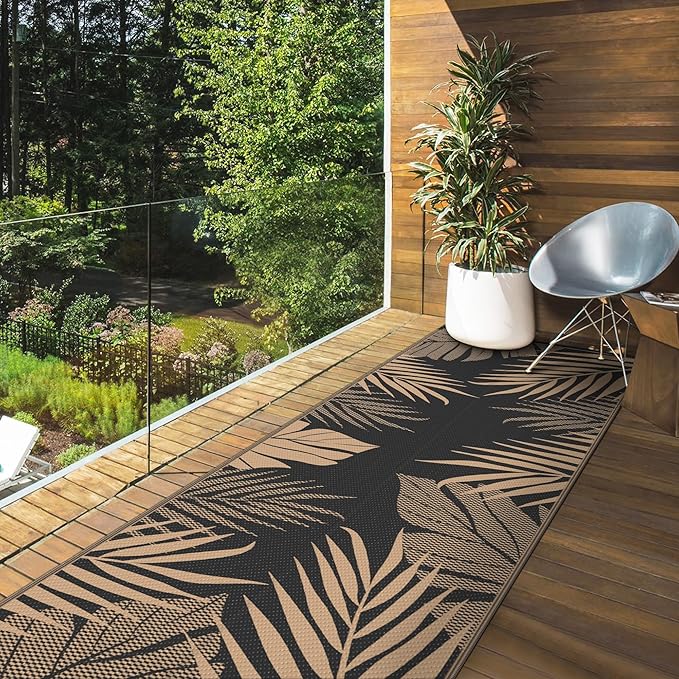 GENIMO Outdoor Rug 2.5' x 8' Waterproof for Patios Clearance, Reversible Outdoor Plastic Straw Camping Rug Carpet, Large Area Rugs Mats for RV, Camper, Deck, Balcony, Porch, Beach, Picnic, Black&Brown-HomvellaHome
