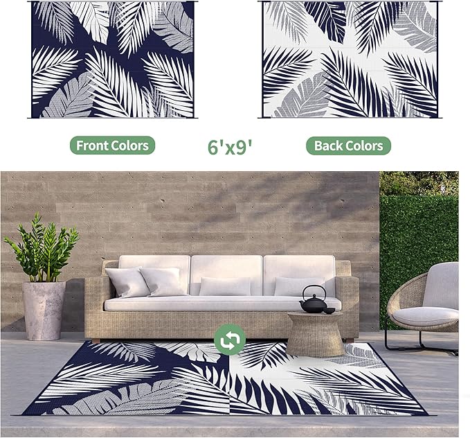 GENIMO Outdoor Rug 6' x 9' Waterproof for Patios Clearance, Reversible Outdoor Plastic Straw Camping Rug Carpet, Large Area Rugs Mats for RV, Camper, Deck, Balcony, Porch, Beach, Navy Blue&White-HomvellaHome