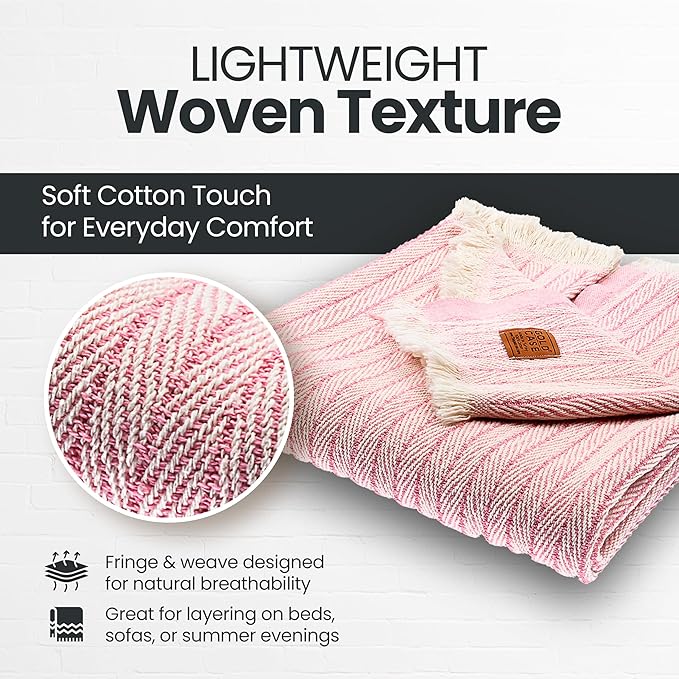 Gold Case Throw Blanket for Couch – 100% Recycled Turkish Cotton Blankets & Throws – Elegant Decorative Throw Blankets for Living Room Sofa – Woven Throws for Couch – Retro Pink – 50x60-HomvellaHome