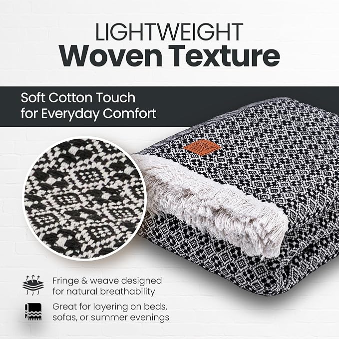 Gold Case Throw Blanket for Bed – 100% Recycled Turkish Cotton Bed Blanket – Decorative Throw Cotton Blankets for Living Room & Bedroom – Retro Black Woven Queen Blankets – 90x90-HomvellaHome