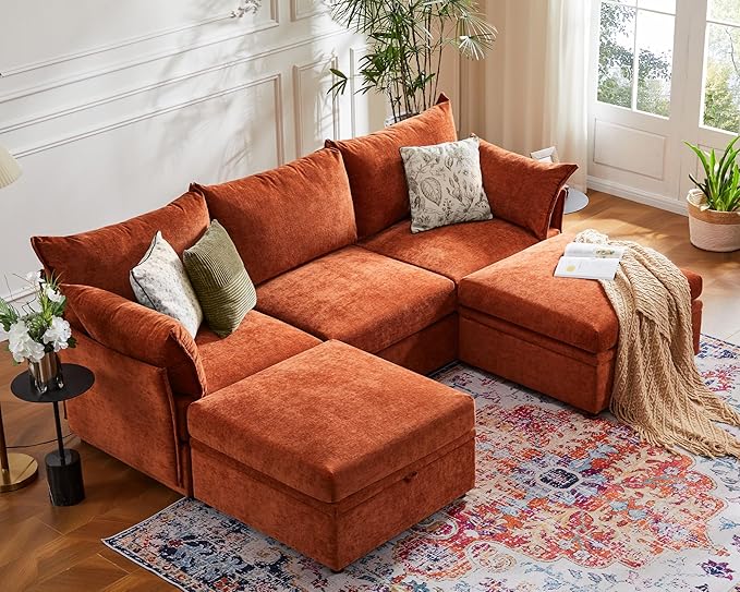 102.6" U Shaped Modular Sectional Sofa, 5 Seater Couch with Storage Ottoman Deep Seat and High Backrest with Removable Cover for Living Room, Apartment - Chenille Terracotta Orange-HomvellaHome