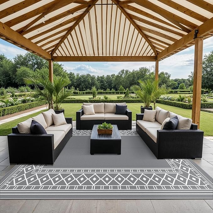 GENIMO Outdoor Rug Waterproof Area 10'x14' for Patio, Foldable Reversible Plastic Straw Carpet for Travel Trailers, Outside Mat for Rv, Deck, Picnic, Porch, Camper, Balcony, Beach, Grey & White-HomvellaHome