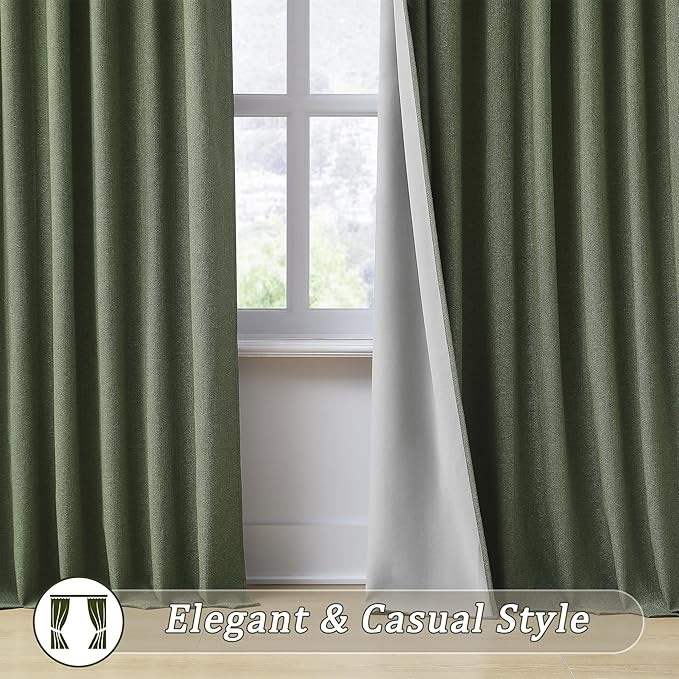 102 Inch Long Linen Blended Blackout Curtains 2 Panels, Back Tab Pleated Look Drapes for Track System with Hooks, Noise Reducing Country Blackout Winodw Curtains 50x102-Loden/Olive Green-HomvellaHome