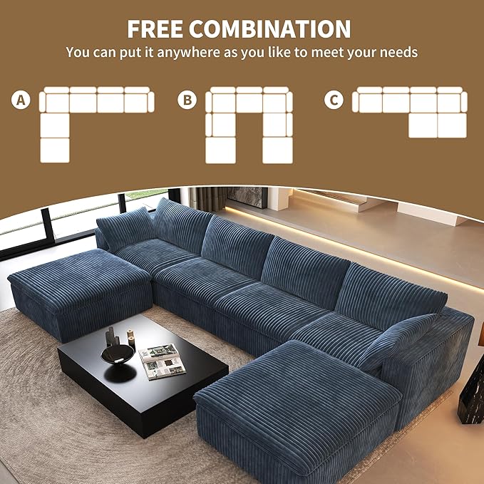 157.5" U Shaped Modern Sofa Modular Sectional Cloud Couch with 2 Ottoman,Deep Seat Upholstered Couches with Corduroy Fabric for Living Room Furniture,Bedroom and Apartment,No Assembly Required,Blue-HomvellaHome