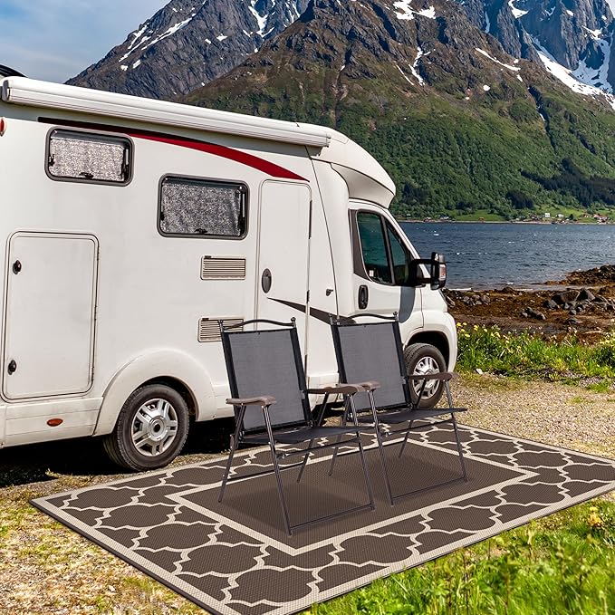 GENIMO Outdoor Rug 8' x 10' Patio Waterproof, Foldable Reversible Plastic Straw Area Rugs Mat for Camper Decor, Outside Carpet for Rv, Deck, Porch, Picnic, Beach, Balcony, Coffee & Beige-HomvellaHome