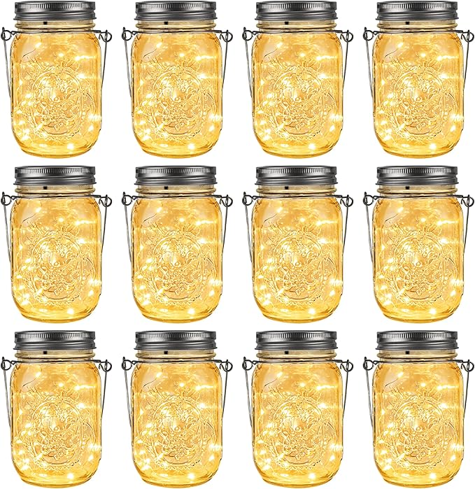 GIGALUMI Solar Mason Jar Lights, 12 Pack 30 Led String Fairy Lights Garden Lights Outdoor Waterproof Metal Lid Hanging Solar Lanterns for Outdoor, Garden, Patio, Lawn, Balcony Decoration-HomvellaHome