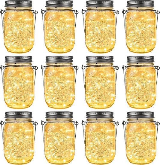 GIGALUMI Solar Mason Jar Lights, 12 Pack 30 Led String Fairy Lights Garden Lights Outdoor Waterproof Metal Lid Hanging Solar Lanterns for Outdoor, Garden, Patio, Lawn, Balcony Decoration-HomvellaHome