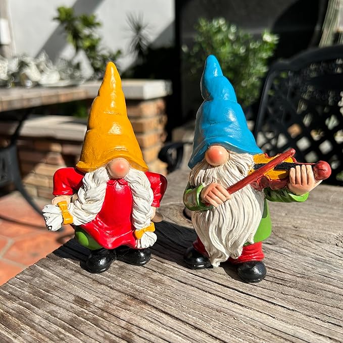Garden Gnome Duo Decorative Figurines 5.5“ Ornament for Indoor Outdoor Home Garden Decor，Musical Violin Player and Dancing, Colorful Outdoor Statues, Set of 2-HomvellaHome