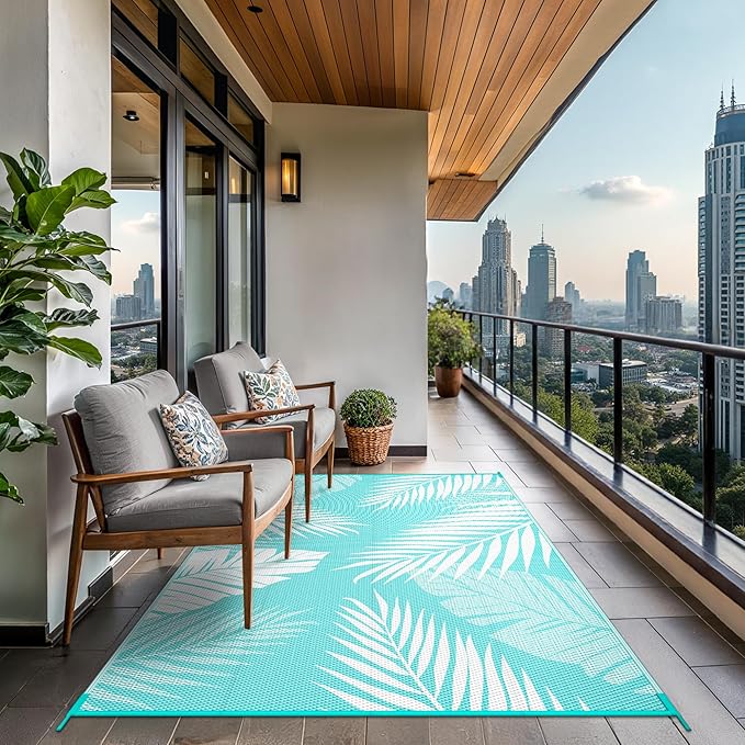 GENIMO Outdoor Rug 9' x 12' Waterproof for Patios Clearance, Reversible Outdoor Plastic Straw Camping Rug Carpet, Large Area Rugs Mats for RV, Camper, Deck, Balcony, Porch, Beach, Aqua Blue&White-HomvellaHome