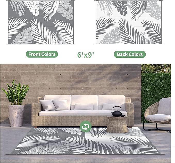 GENIMO Outdoor Rug 6' x 9' Waterproof for Patios Clearance, Reversible Plastic Straw Camping Carpet, Large Area Rugs Mats RV, Picnic, Backyard, Deck, Balcony, Porch, Beach, Grey&White-HomvellaHome