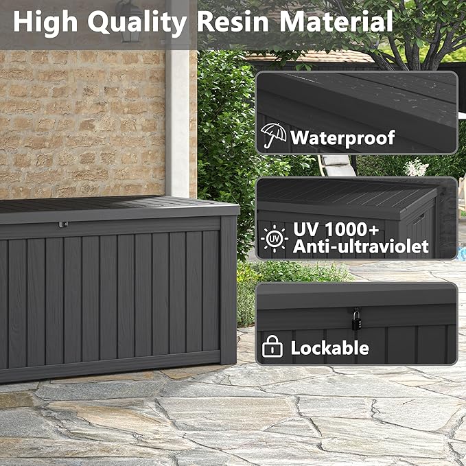 150 Gallon Resin Deck Box, Large Indoor and Outdoor Storage Box, Weatherproof and UV Resistant Outdoor Storage Box with Built-in Steel Beams for Patio, Cushions, Pool Supplies-HomvellaHome