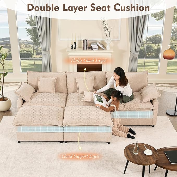 108" U Shaped Couch, Modular Sectional Sofa, 3-Seater Comfy Cloud Couch with Movable Ottoman, Deep Seat Couches for Living Room, Chenille, Flat White-HomvellaHome