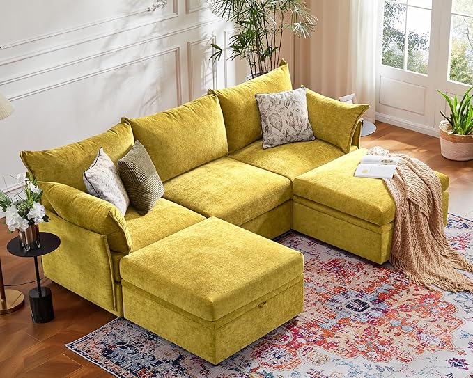 102.6" U Shaped Modular Sectional Sofa, 5 Seater Couch with Storage Ottoman Deep Seat and High Backrest with Removable Cover for Living Room, Apartment - Chenille Yellow-HomvellaHome